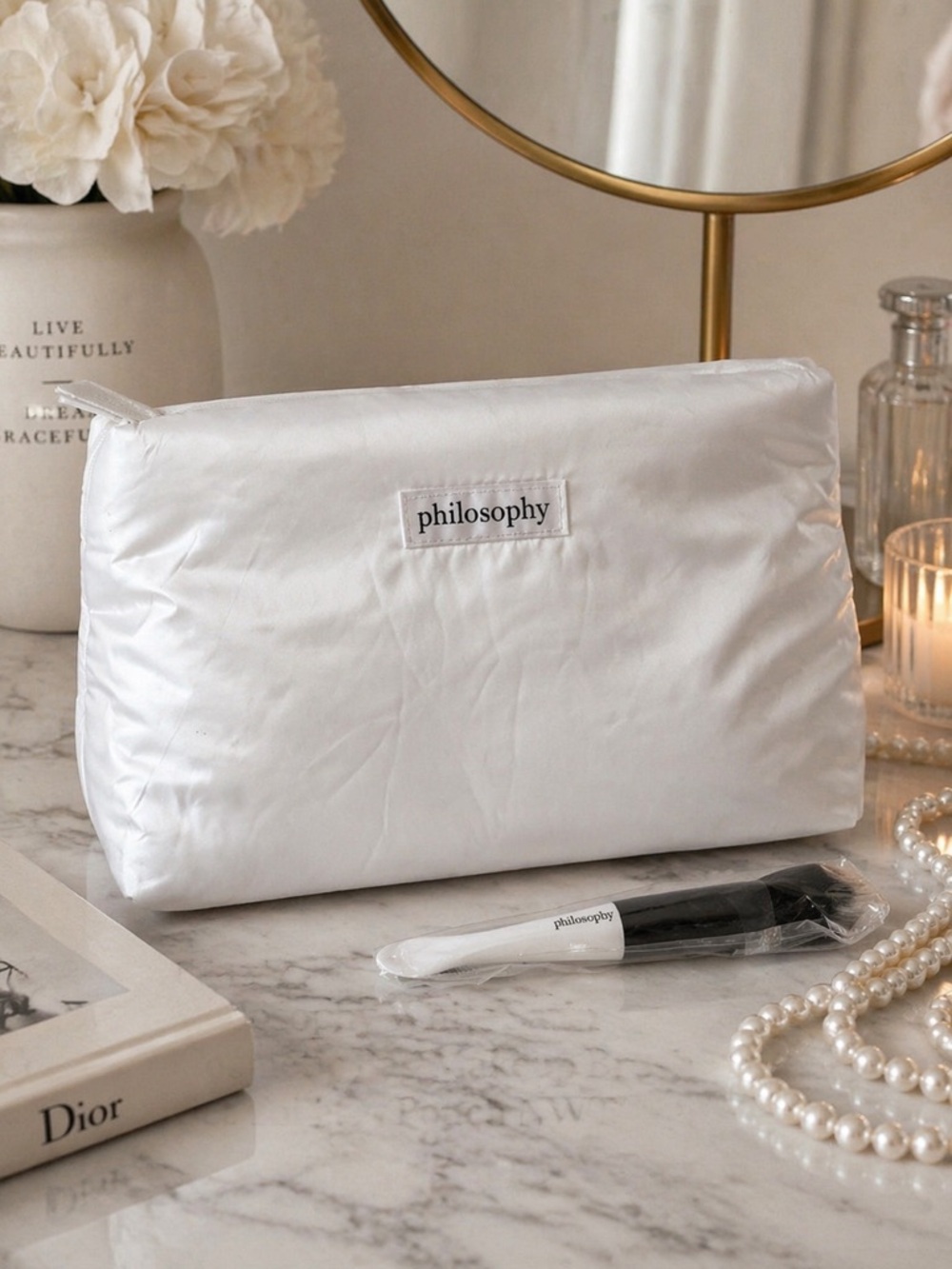 Philosophy White Satin Cosmetic Bag Makeup Brush Set Toiletry Pouch NWT